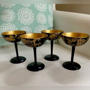 4 Vtg Japanese Lacquerware Champagne Glasses Sake Cups Floral Bamboo Black Gold